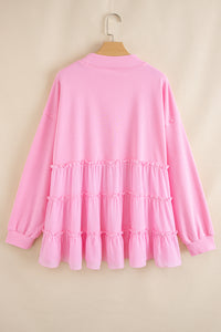 Pink Frill Tiered Patchwork Ribbed Trim Flowy Plus Size Top - Telah's Boutique