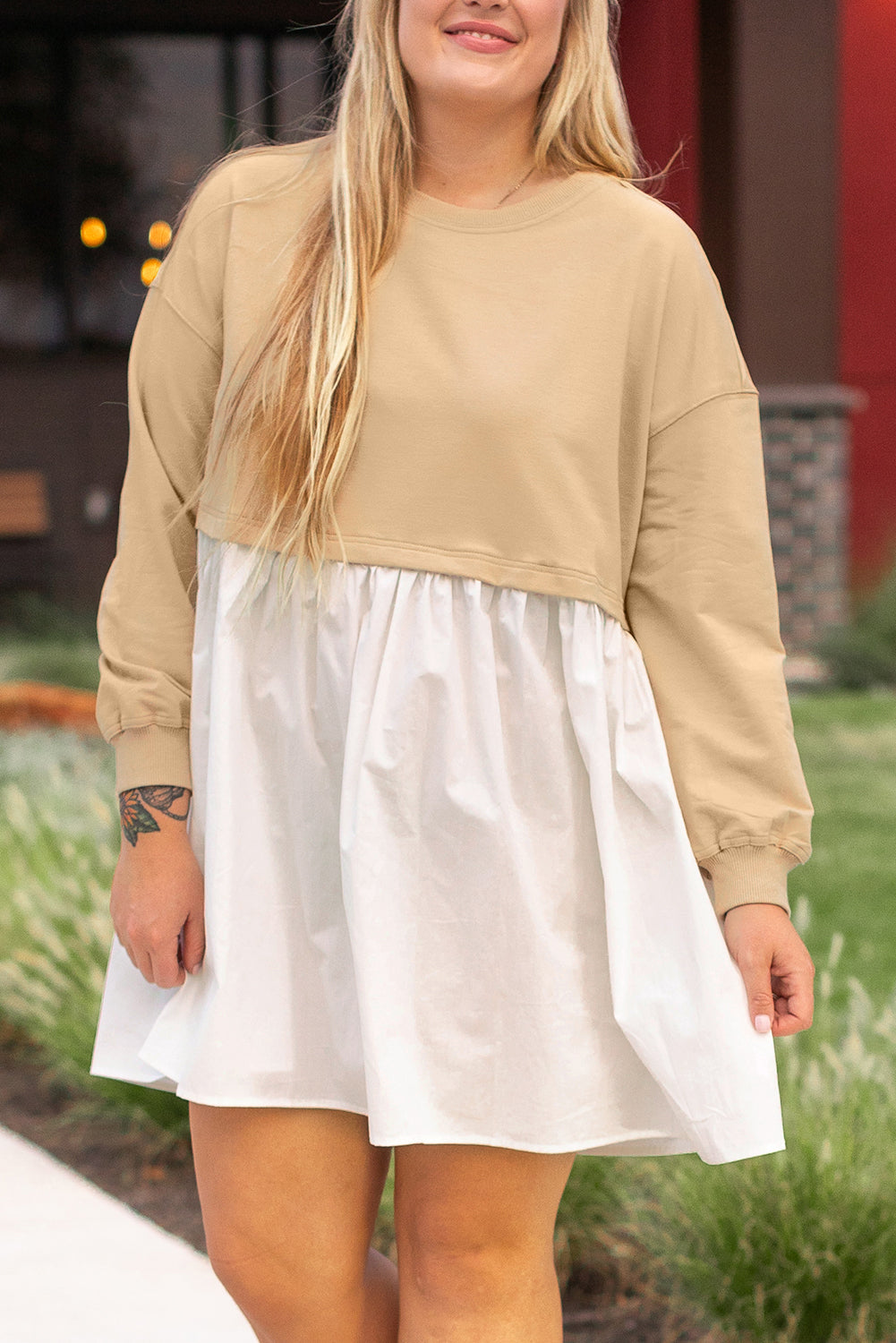 Apricot Color Block Patchwork Plus Size Mini Dress - Telah's Boutique