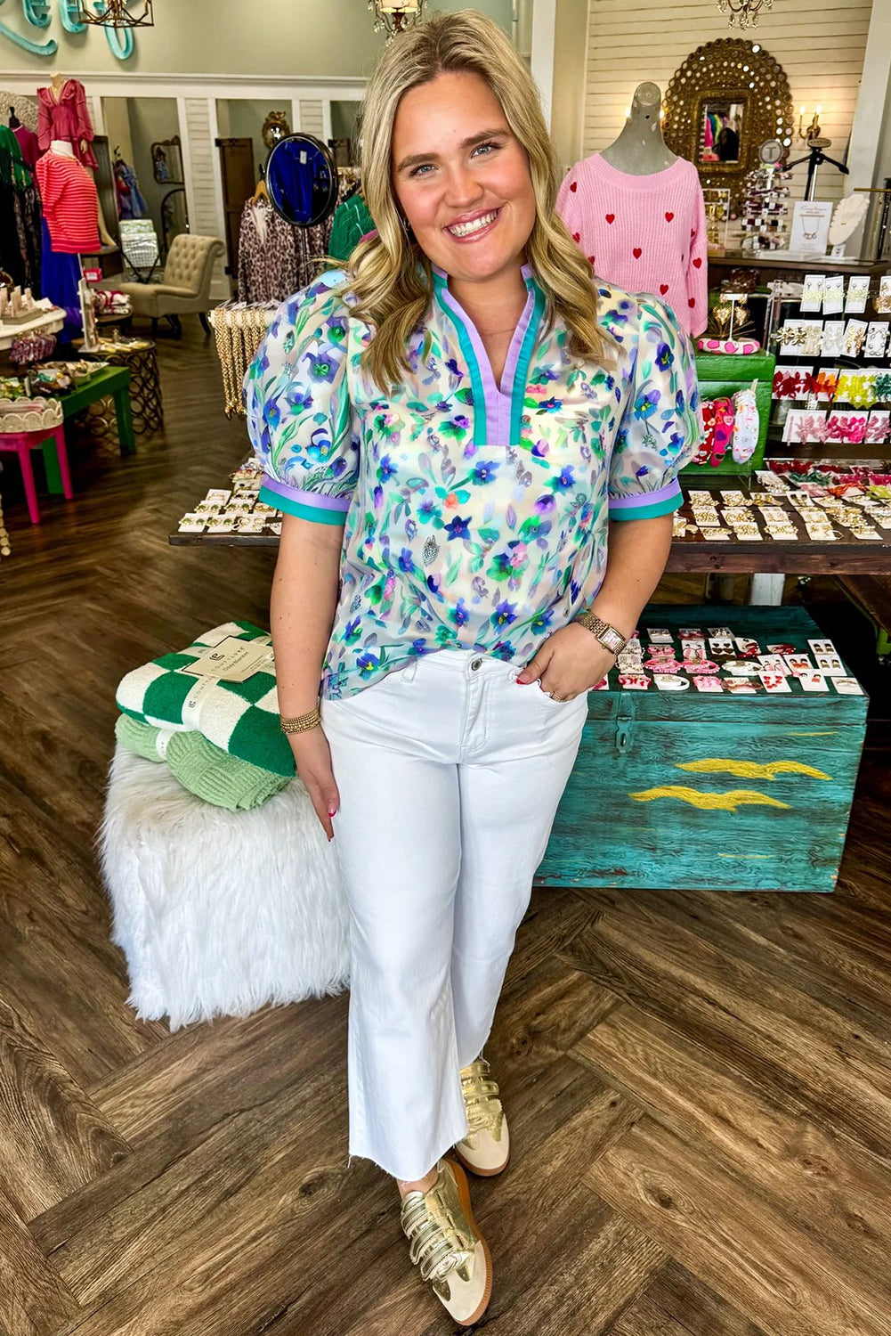 Green Floral Print Pop of Color Split Neck Puff Sleeve Plus Size Blouse - Telah's Boutique