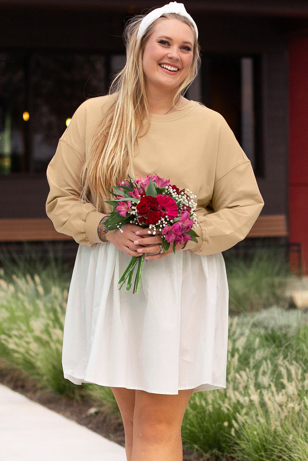 Apricot Color Block Patchwork Plus Size Mini Dress - Telah's Boutique
