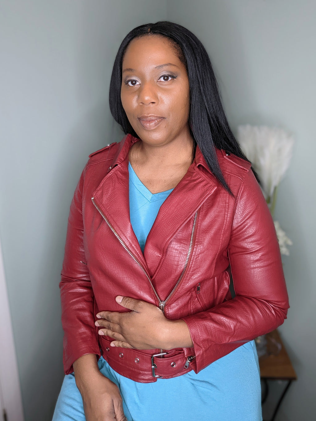 Faux Leather Jacket (Burgundy) - Telah's Boutique